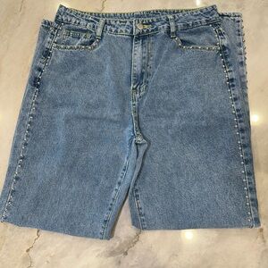 Classic Women’s Blue Denim Wide Leg Pant with Side and Pocket Silver Stud Detail
